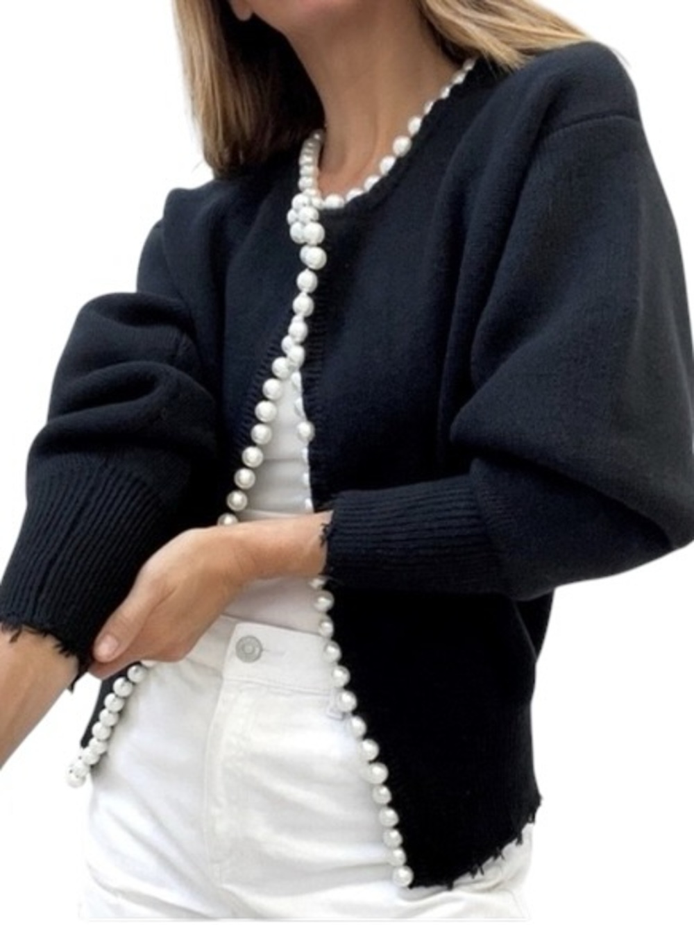 COMMENSE Pearl Trim Cardigan with Hem + Sleeve Distressing